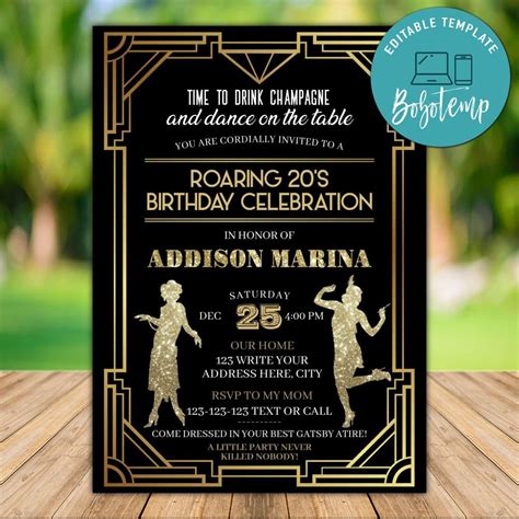 Editable Roaring 20s Birthday Invitation Instant Download Bobotemp