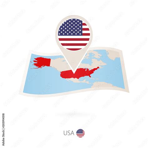 Folded Paper Map Of USA With Flag Pin Of United States Of America