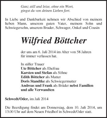 Traueranzeigen Von Wilfried B Ttcher M Rkische Onlinezeitung Trauerportal