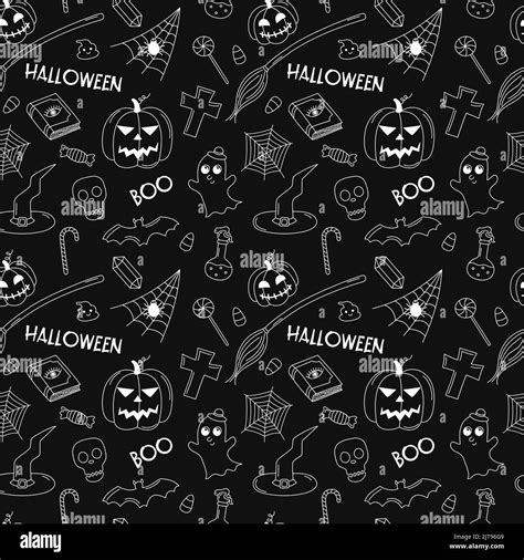 Halloween Doodle Pattern Vector Black And White Scribble Repeat Illustration Halloween