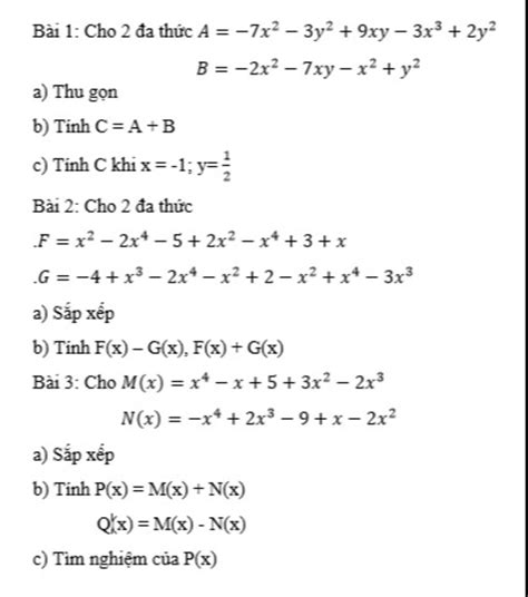 Bài 1 Cho 2 đa Thức A −7x2 3y 9xy 9x3 2y B 2x² 7xy 2x² Y² A Thu Gọn B Tính