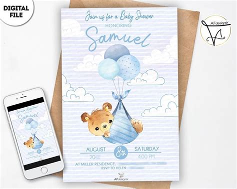 Orsetto Con Palloncini Invito Digitale Baby Shower Party Invitations