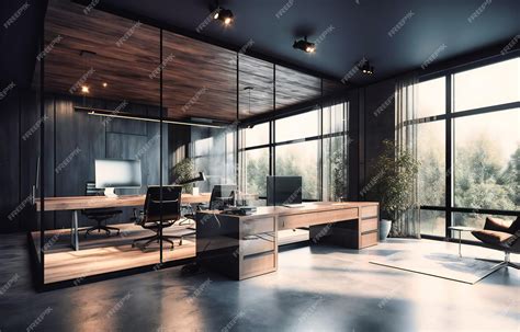 Premium Photo | Modern office with glass walls and wooden cabinetry