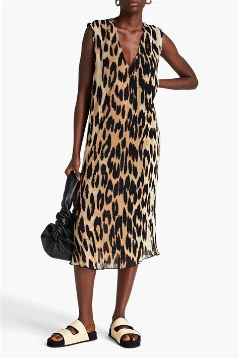 Ganni Leopard Print Plissé Chiffon Midi Dress The Outnet