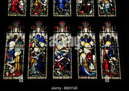 Stained Glass Window In The Great Hall In Winchester England Depicting