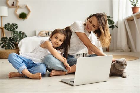 Daughter Watching Mom Work On Computer Stock Image Image Of Adult