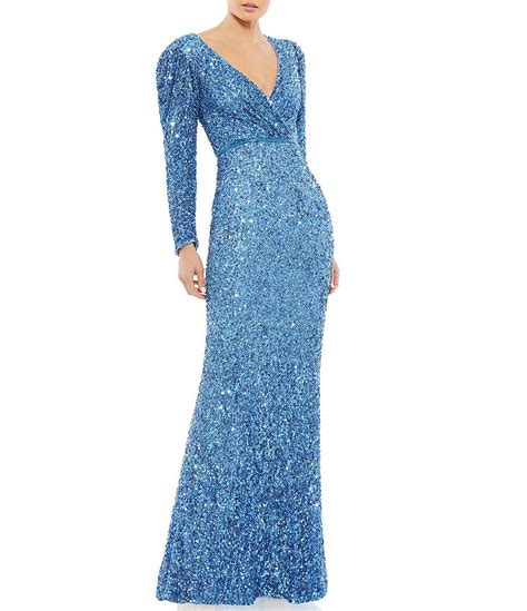 Mac Duggal Sequin Surplice V Neck Long Puff Sleeve Faux Wrap Gown