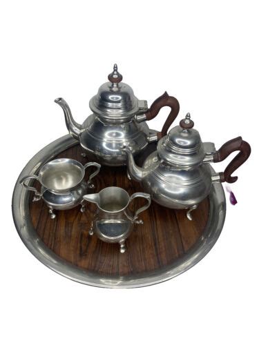 Vintage Williamsburg Kirk Stieff Pewter Coffee Tea Set Sugar Cream Tray