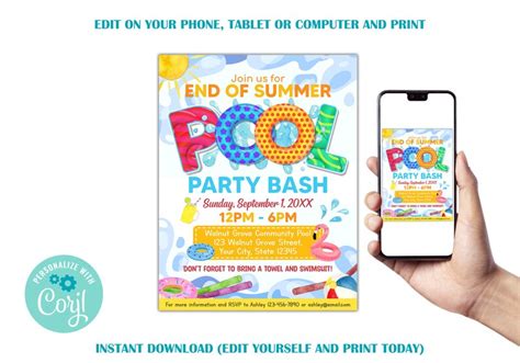 Editable End Of Summer Pool Party Invitation Back To School Etsy