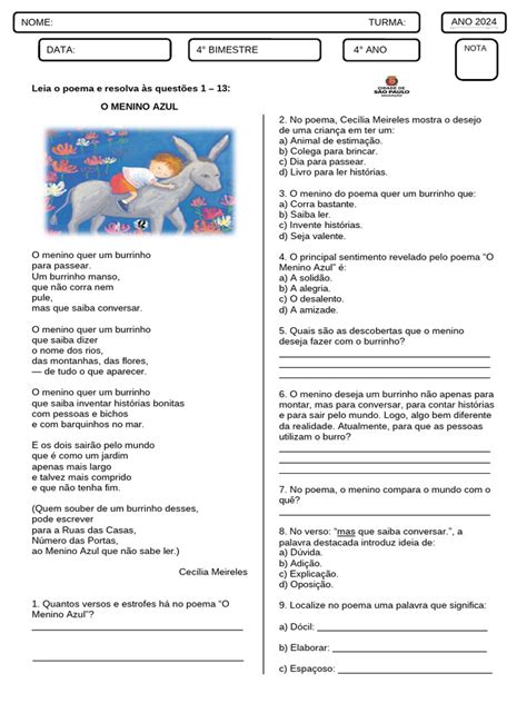 Texto O Menino Azul Com Respostas - Atividades sobre "O Menino Azul" | PDF