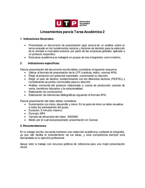 Consigna De Tarea Acad Mica Lineamientos Para La Tarea Acad Mica