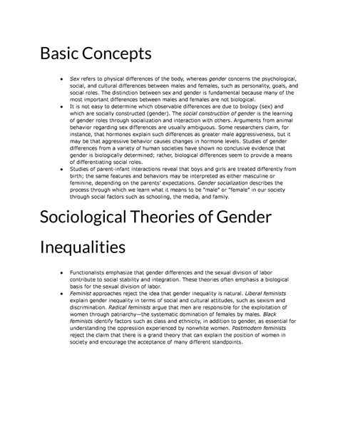 Sociology Ch Outline Basic Concepts Sex Refers To Physical
