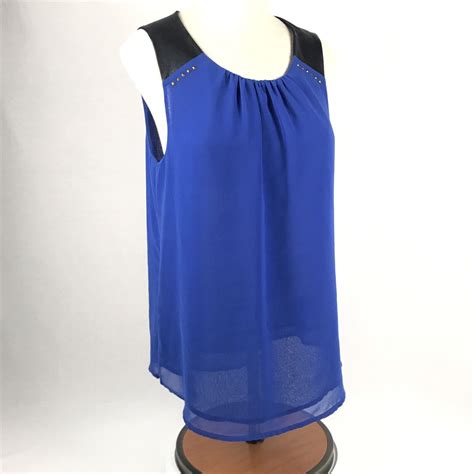 Monteau Los Angeles Sleeveless Top Size L Royal Blue Black Semi Sheer