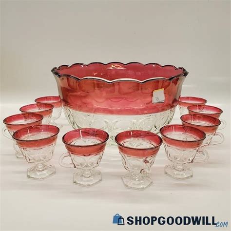 Vintage Faceted Cranberry Glass Punch Bowl And Cups Set Shopgoodwill