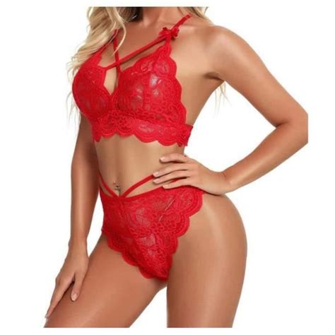 Ensemble de Lingerie Sexy en Dentelle Rouge Femme Rouge Cdiscount Prêt à Porter
