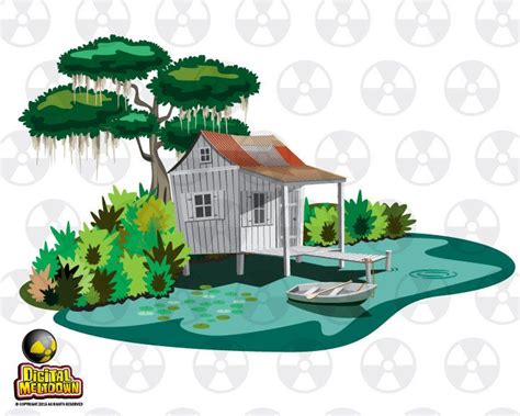 Louisiana Vector Clipart Swamp Cabin With Bayou And Boat Etsy Uk