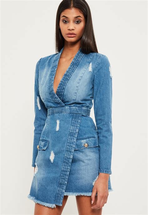 Missguided Blue Premium Long Sleeve Plunge Denim Dress Long Sleeve