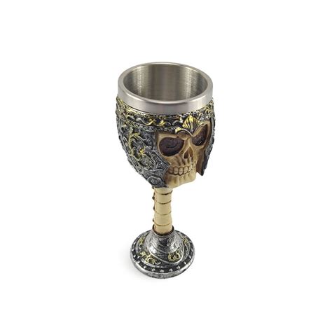 Taça Cálice Em Aço Inox e Resina Crânio Medieval Caveira Guerreiro Osso