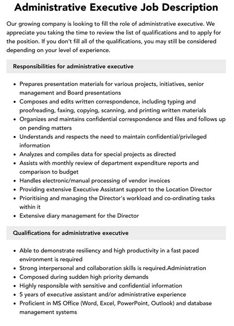 Administrative Executive Job Description Velvet Jobs