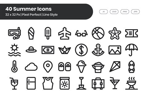 40 Summer Icons Line Graphic By Kmgdesignid Creative Fabrica