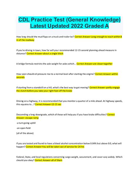 CDL Practice Test General Knowledge Latest Updated 2022 Graded A