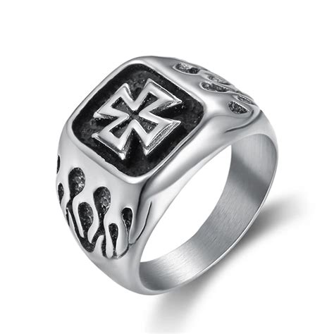 Cross Knights Templar Men Signet Ring Seal Silver Punk Rock Hip Hip