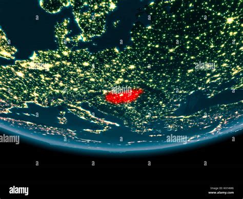 Hungary At Night Highlighted In Red On Planet Earth D Illustration