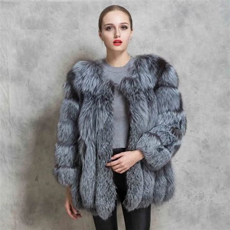 LIYAFUR Women S Real Genuine Full Pelt Natural Silver Fox Fur Winter