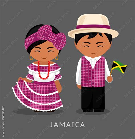 Jamaicans in national dress with a flag. Man and woman in traditional ...