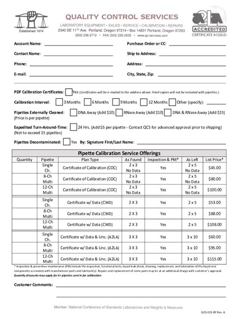 Fillable Online Pipette Calibration Service Offerings Fax Email Print