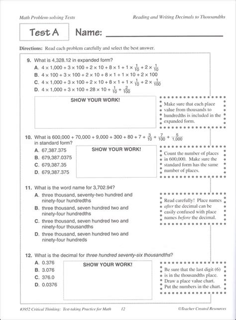 Critical Thinking Test Taking Practice For Math Grade 5 Teacher