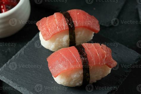 Homemade Nigiri Tuna Sushi On Black Slate Plate 25442098 Stock Photo At