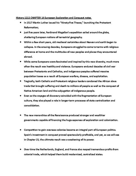 History 1212 Chapter 14 European Exploration and Conquest notes