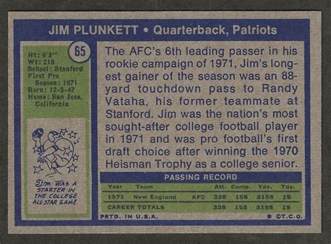 Topps Jim Plunkett New England Patriots Rookie Nm Ebay