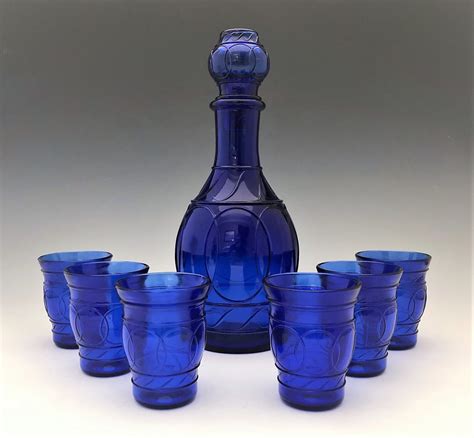 Cobalt Blue Ring Of Rings Decanter Set Maryland Glass Corporation Decanter Stopper And 6