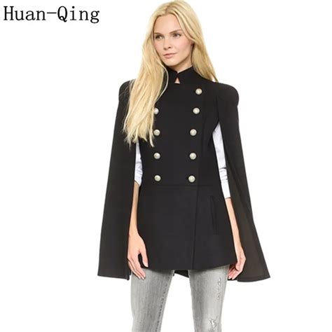 Military Style Autumn Winter Womens Double Breasted Pocket Cloak Coat Fashion Elegant Blends