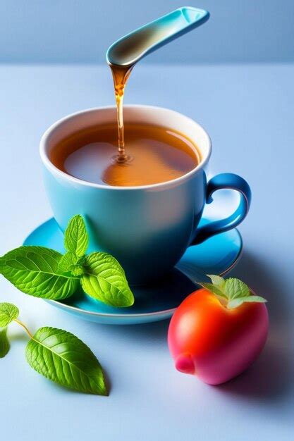 Premium AI Image Tea Pours Into A Blue Cup From The Spout Of The Tea