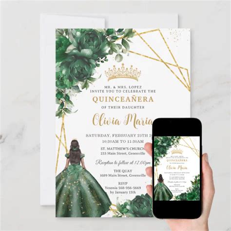 Chic Emerald Green Floral Princess Quinceañera Invitation Zazzle