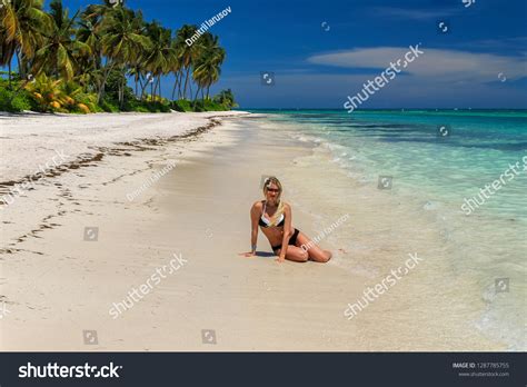 Sexy Blonde Girl On Beach Palms Stock Photo Edit Now