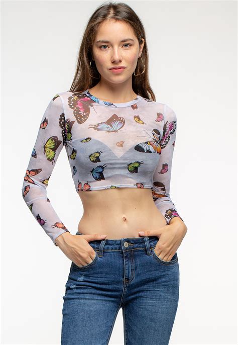 Mesh Butterfly Long Sleeve Crop Top Shop At Papaya Clothing