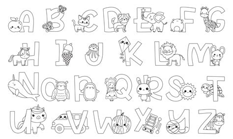 Coloring page with English alphabet letters. Cute animals, birds, food and objects. Funny ABC ...