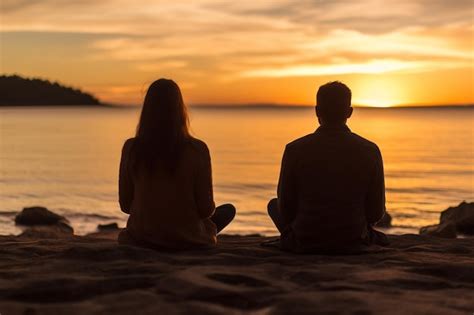 Una Pareja Se Sienta En La Playa Viendo La Puesta De Sol Foto Premium