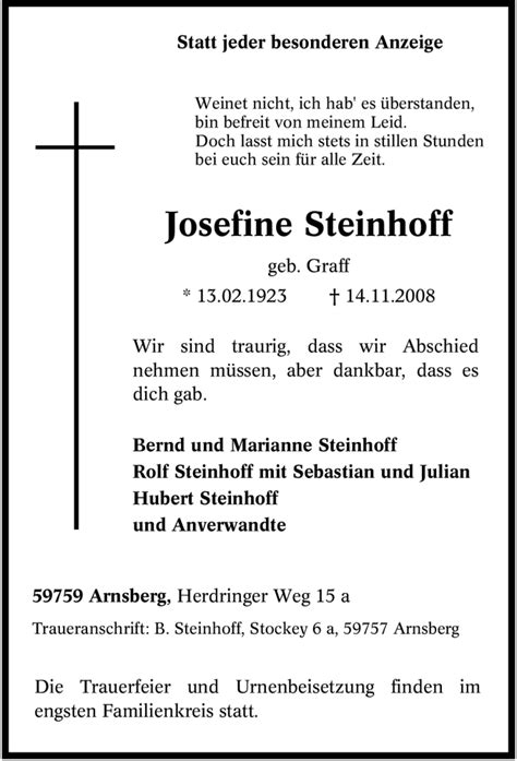 Trauer Und Todesanzeigen Von Josefine Steinhoff Trauer De