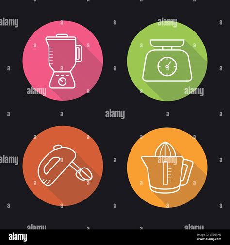 Kitchen Appliances Flat Linear Long Shadow Icons Set Blender Hand