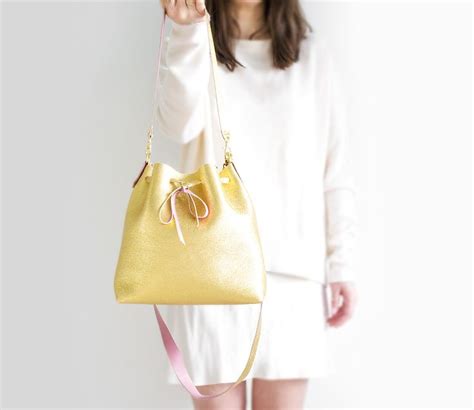 Gold Pink Leather Bucket Bag Yellow Gold Leather Shoulder Etsy