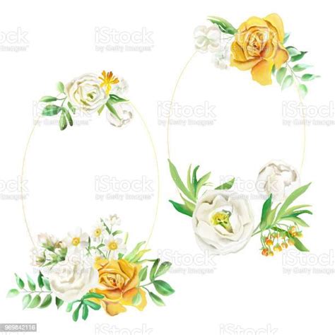 Beautiful Golden Shiny Round Circle Frame With Watercolor Flowers