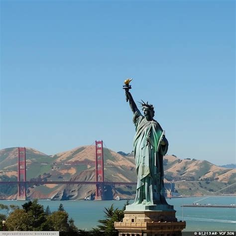 Iconic Fusion Statue Of Liberty With Golden Gate Bridge In The