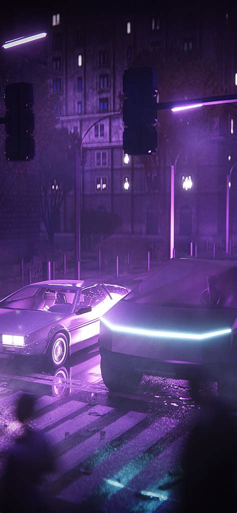 1242x2688 Tesla Cybertruck And Delorean Synthwave 4k Iphone Xs Max Hd