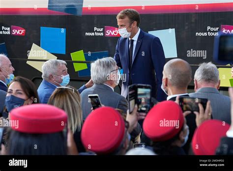 French President Emmanuel Macron Arrives At The Gare De Lyon Station