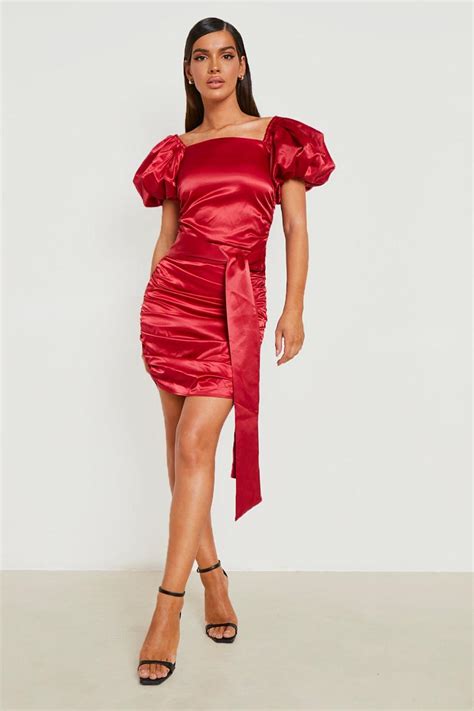 Puff Sleeve Satin Ruched Detail Dress Boohoo